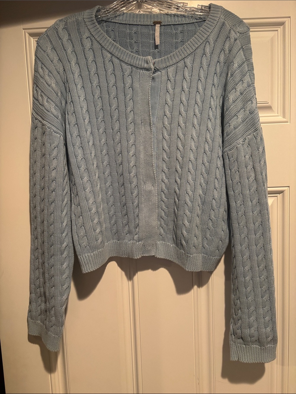 Light Blue Cable Knit Crop Women's Sweater; snap closures